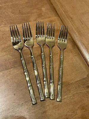 5 Salad Forks House Of Solide Flatware Gold Toned Bamboo Pattern Heavy 7.25” • $30