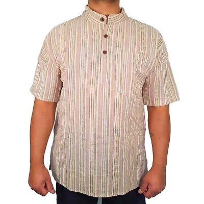 £22.47 • Buy Mens Beige Kurta Striped T Shirt Half Sleeve Indian Clothing Hippie Ethnic Boho