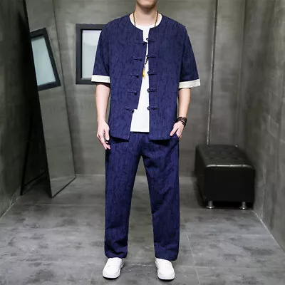 MenS Linen Outfit 2-Piece Set Half Sleeve Button Shirt And Pants Sweatsuit Set • $54.77