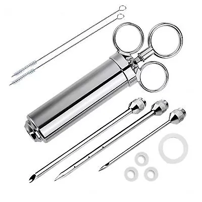 Meat Seasoing Injector Syringe BBQ Smoking Grilling W/ 3 Needles Stainless Steel • $14.72