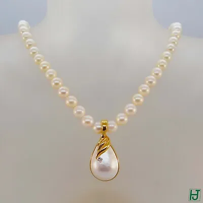 16.25  6mm Pearl Necklace 14k Oval Clasp 14k Mabe Pearl & Diamond Enhancer • $499.99