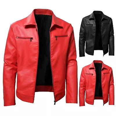 Mens Lapel Zipper Long Sleeve Coat Fashion Slim Fit Motorcycle PU Leather Jacket • $46.40