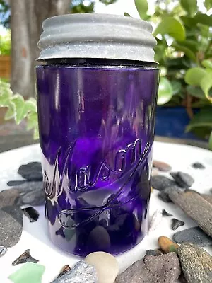 Vintage Cursive Mason Deep Purple Pint Glass Ball Canning Jar W Zinc ATLAS Lid • $70