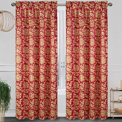 Magnolia Floral Jacquard Rod Pocket Window Panel Red 54x84 Inches • $26.31