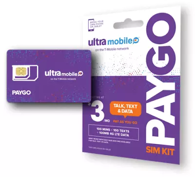 Ultra Mobile PayGo | $3/mo. Pay As You Go Plan + SIM Card With Talk Text & Data • $34.95