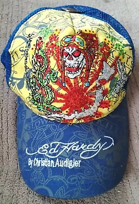 V RARE VINTAGE Ed Hardy ‘Love Kills Slowly’ Trucker Cap Blue/Yellow One Size BN • £26.90