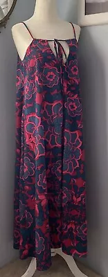 MANUHEALII Hawaiian Dress Pink Blue Drawstring Neckline Loose Maxi Midi XS S M • $53