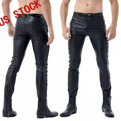 US Mens Leather Rivets Pants Low Rise Tight Trousers Shiny Leggings Biker Pants • $9.19