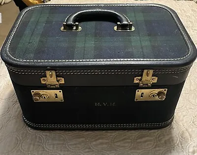 Vintage Train Case Luggage Blue Plaid Tarten Brass Closures • $34.99