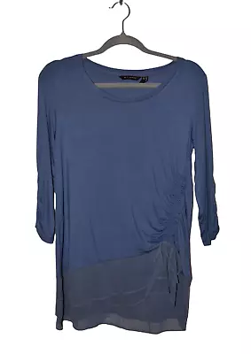 H BY HALSTON NEW $54 Scoop Neck Asymmetric Woven Hem Tunic Top Storm Blue XS • $10.50