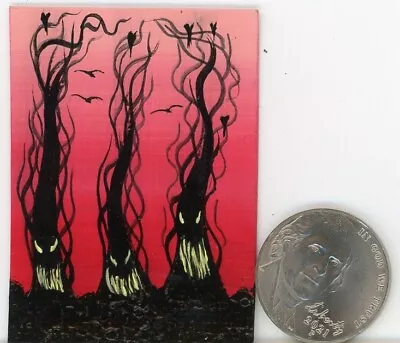 ORIGINAL 2x1.5 Acrylic Mini Ravens Creepy Trees Halloween Fun Art Painting HYMES • $1.98