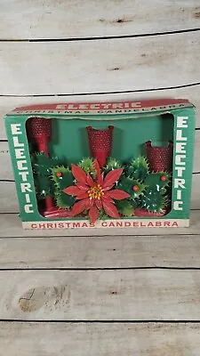 Vintage Christmas Beacon Electric Candelabra 3 Red Plastic Shades Poinsettias • $44
