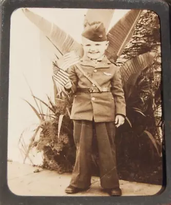 Vintage Photo Patriotic Young  Boy In Uniform 48 Star Flags 3 Inches • $16.50