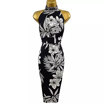 KAREN MILLEN 14 UK Black Oriental Chinese Flower Print Halterneck Cocktail Dress • £69.99