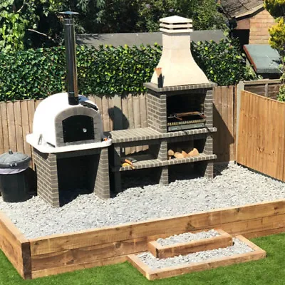 £1445 • Buy Grey Brick Masonry Mediterranean BBQ With Wood Fired Pizza Oven, 2,66m X 2.5m 