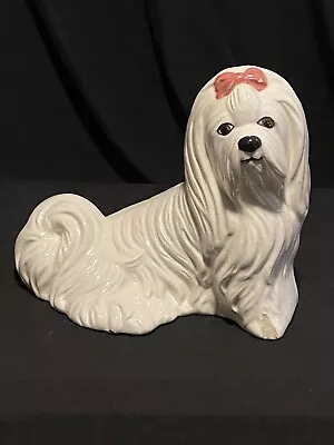 Vintage Ceramic Maltese Dog Large Statue Figurine Figure (10  Tall / 11  Long) • $5