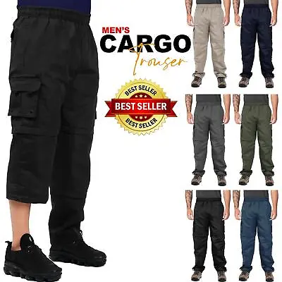 Mens 3 In 1 Trousers Zip Off Cargo Combat Pocket Bottom Shorts Elasticated Pants • £9.99