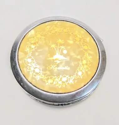 Small Round Mirror Compact Gold Colored And Inlay With Hawaii Text And Palm Tree • $22