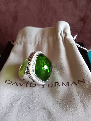 David Yurman Sterling Silver Albion 20mm Peridot & Diamonds Ring Size 7 • $329