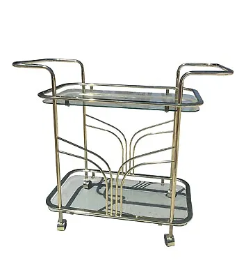 Mid Century Modern Brass 1970s Bar Cart Serving 70s Glass Tea Cart Vintage • $700