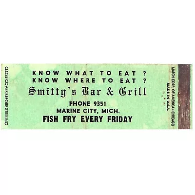 Vintage Matchbook Cover Smittys Bar & Grill Marine City MI 1930s Full Length • $11.99