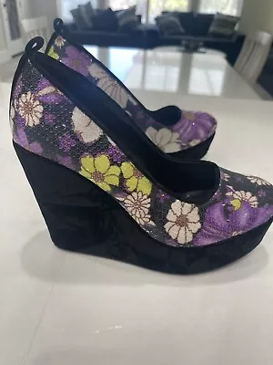 L.A.M.B GWEN STEFANI Sequin Floral Wedge Platform Heels Leather Sole Sz 8.5 • $59