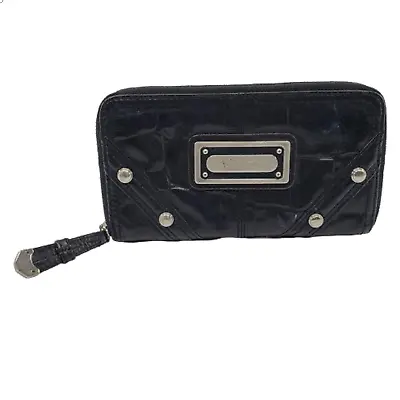 B Makowsky Leather Zip Around Wallet Black Silver W Leopard Interior 8in X 4.5in • $31.99