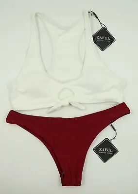 Zaful Womens Ladies 2 Piece White Burgundy Racer Back Bikini Swimwear Size 8 NEW • $17.99