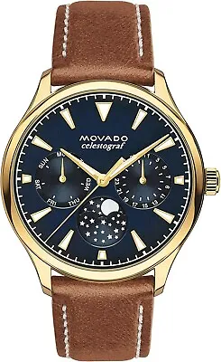 MOVADO 3650010 Heritage Navy Blue Moon Phase Dial Leather Strap Ladies Watch • $608.85