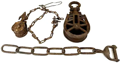 2 Antique Primitive Cast Iron Barn Pulleys W/Chain Metal Industrial Rustic Decor • £34.74