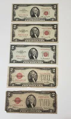 Lot Of 5 Red Seal $2 Bills 1928 -1953 - 1963 Two Dollar Bills Circulated • $30