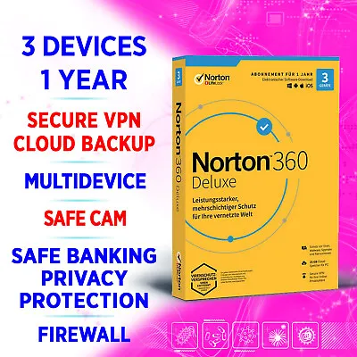 £10.39 • Buy Norton 360 Deluxe 2023 Multidevice 3 Devices 1 Year VPN Backup SafeCam (EU Only)