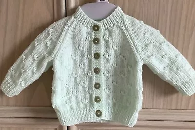 New Hand Knit Pale Green Round Neck Long Sleeved Baby Cardigan Age 0-3 Months • £5