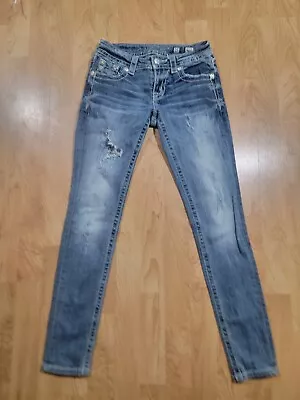 Miss Me Jeans Women's Sz 25 Blue Signature Skinny  Embroidered Sequin Rhinestone • $25.99