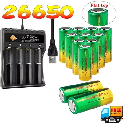 2-8X 26650 Batteries 3.7V Rechargeable   Battery Flat Top4Slot USB Charger • £9.63