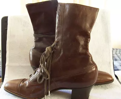 Antique Victorian Ladies Boots Shoes Hi -Top Lace Up NEVER WORN Brown Edwardian • $79