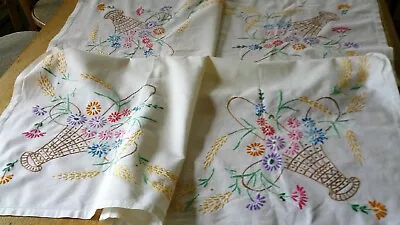 Vintage Hand Embroidered Irish Linen Tablecloth -baskets Of Flowers • $14.80