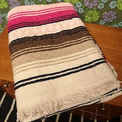£19.99 • Buy Bright Pink Brown Mexican Woven Stripy Falsa Yoga Blanket / Throw
