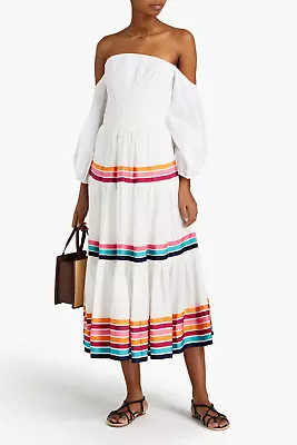 Zimmermann Lulu Gathered White Stripe A-line Linen Midi Skirt 0P • $80