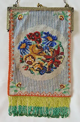 $32 • Buy Antique Beaded Purse Handbag Fringe Floral