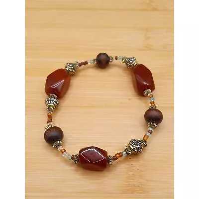 Vintage Asymmetrical Amber Lucite Beads W Round Natural Wood Beads Bracelet • $8