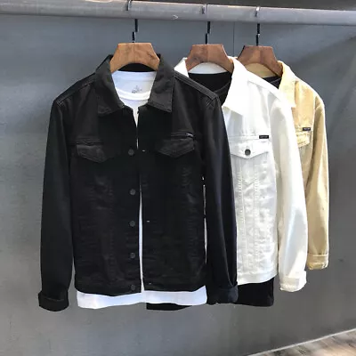 Mens Casual Denim Jean Jacket Solid Premium Cotton Button Up Slim Coat Tops AU • $49.01