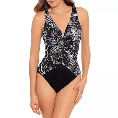 Miraclesuit Black Charmer Printed Tummy Control Lux One-Piece Swimsuit Size 14 • $69.99