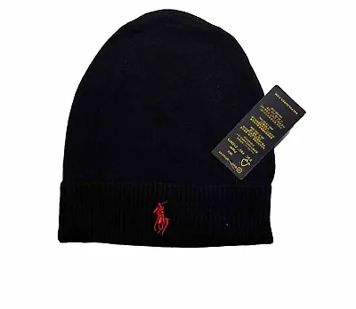 Polo Ralph Lauren - Black Burgundy Pony - Merino Wool Beanie Hat - New With Tags • £24.99