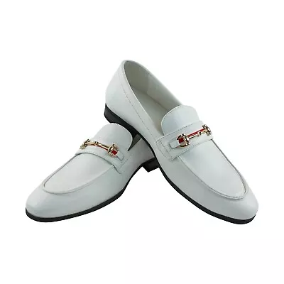 Men's White Leather Dress Shoes Slip On Loafers With Gold Buckle Formal AZAR MAN • $59