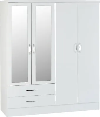 Nevada White Gloss 4 Door 2 Drawer Mirrored Wardrobe • £288.99