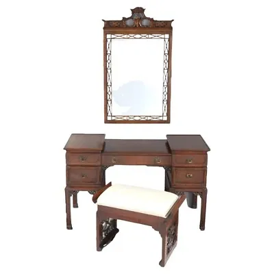 Antique Chinese Chippendale Mahogany Dressing Table With Mirror & Bench C1940 • $1160