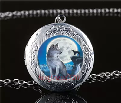 Wolf Moon Cabochon LOCKET Pendant Silver Chain Necklace USA Ship #104 • $13.25