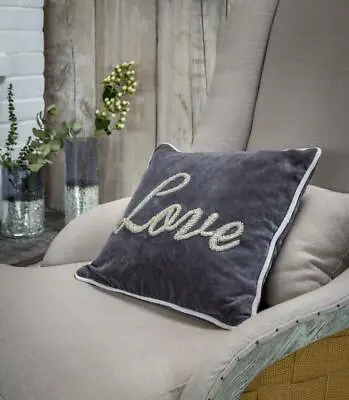 Retreat ‘Love’ Velvet Midnight Grey Beaded Cushion 33 X 40cm • £26.99