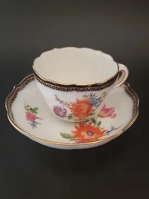 Antique Meissen Demitasse Tea Cup  Saucer Flower Bouquet Cobalt Blue Gold Border • $139.99